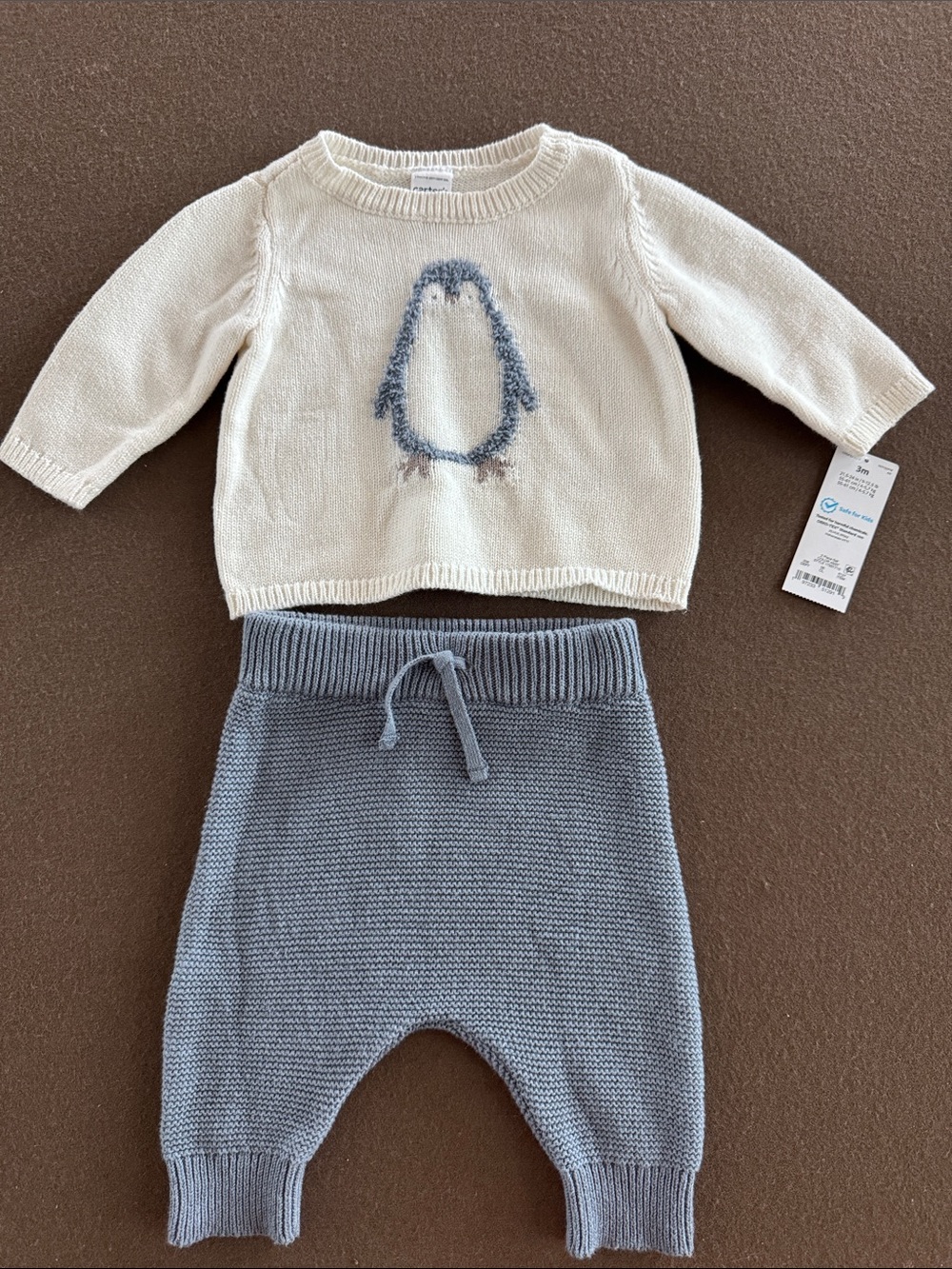 Carter's Cream Penguin Knit Sweater and Gray Knit Pants